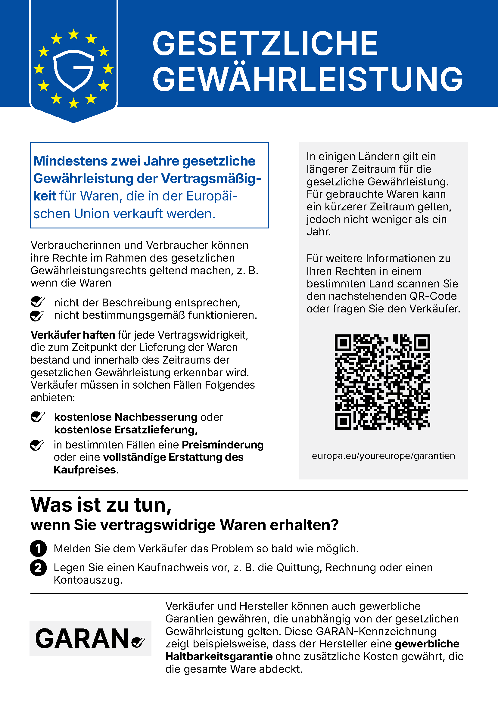 Informationen zu Ihrem gesetlichen Gewährleistungsrecht